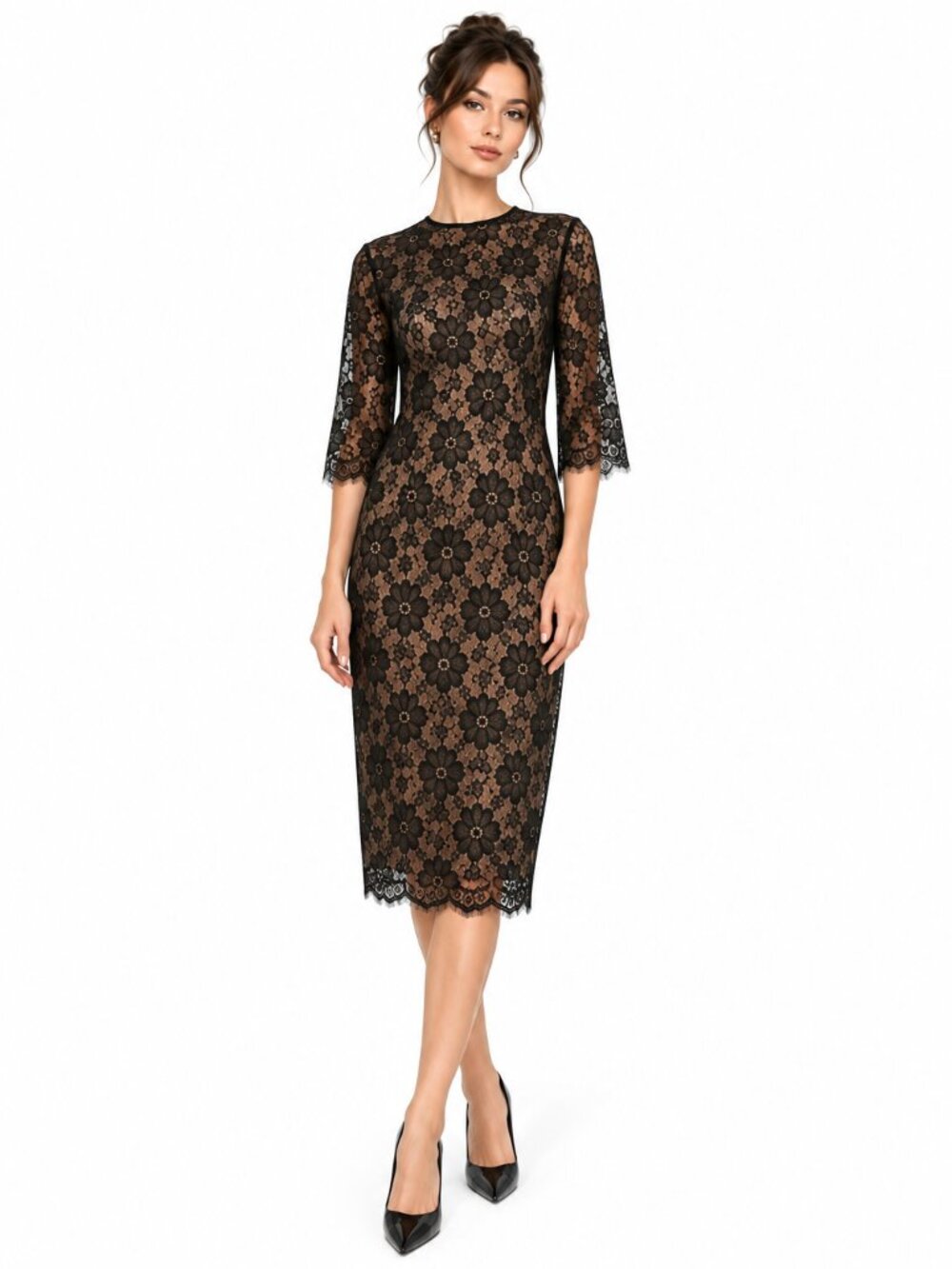 Vintage Dress 1960’s Lace Silk‎ Black Over Tan Floral Print Midi Size Small